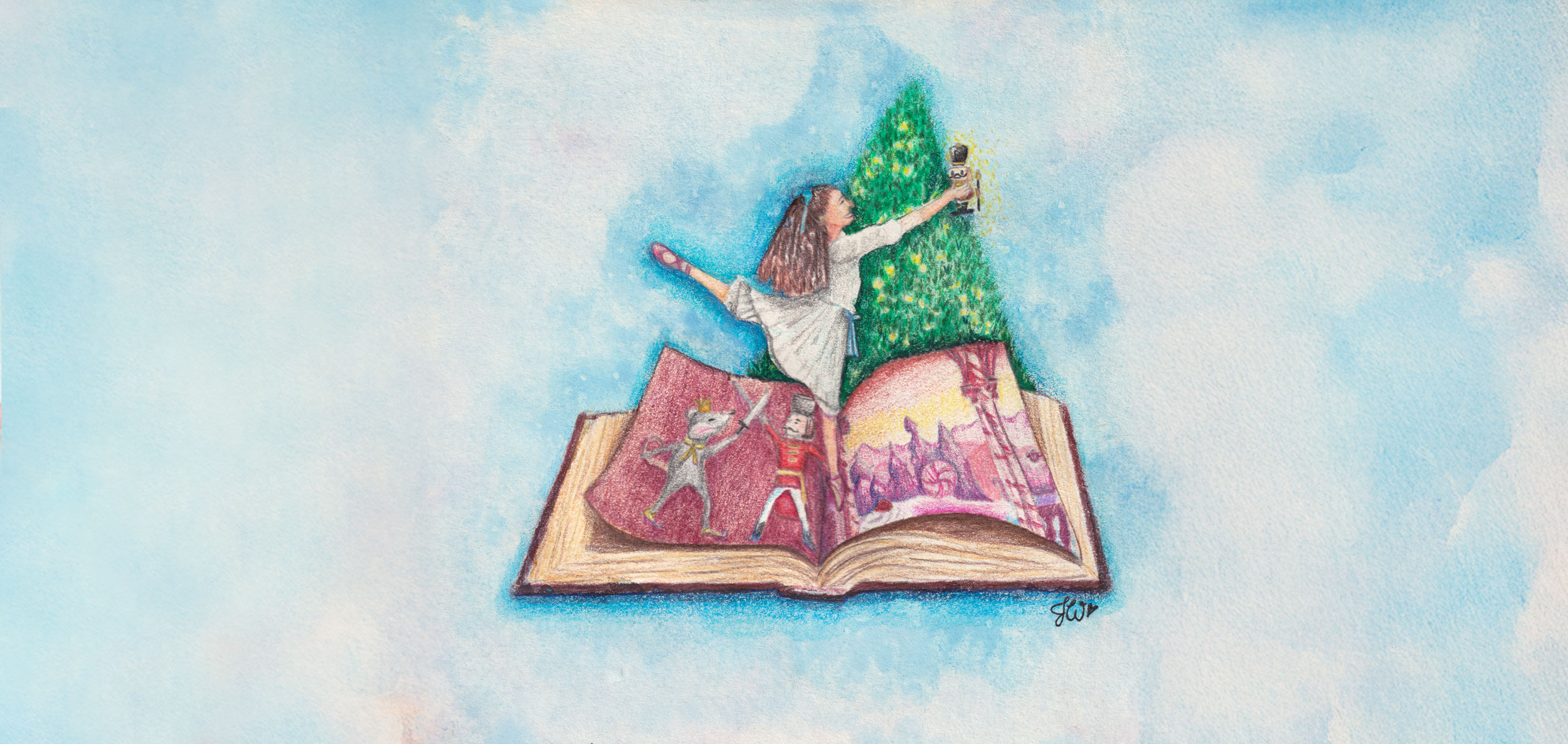 Girl emerging from an open storybook, reaching for a nutcracker by a lit Christmas tree.