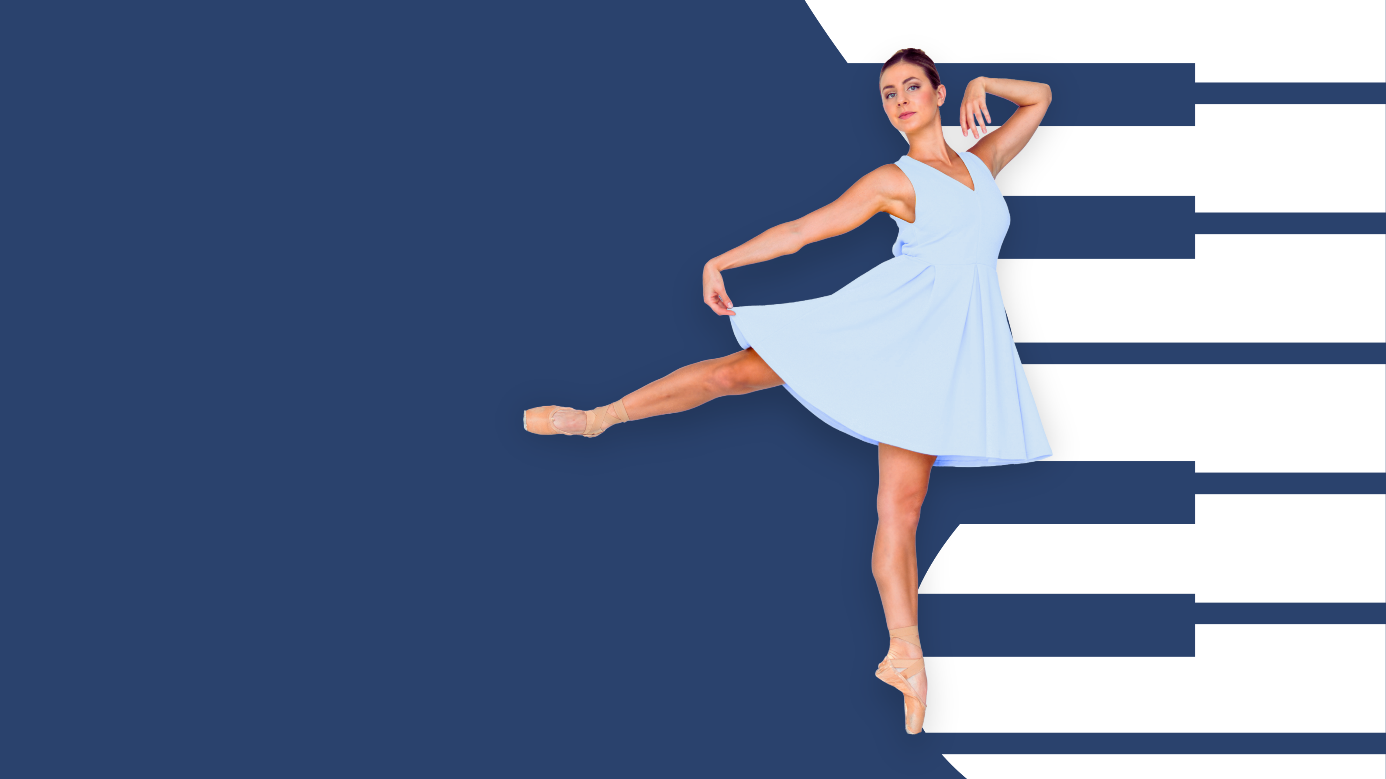 A ballet dancer in a light blue dress poses en pointe against a deep blue background, framed by bold white graphic shapes inspired by piano keys.