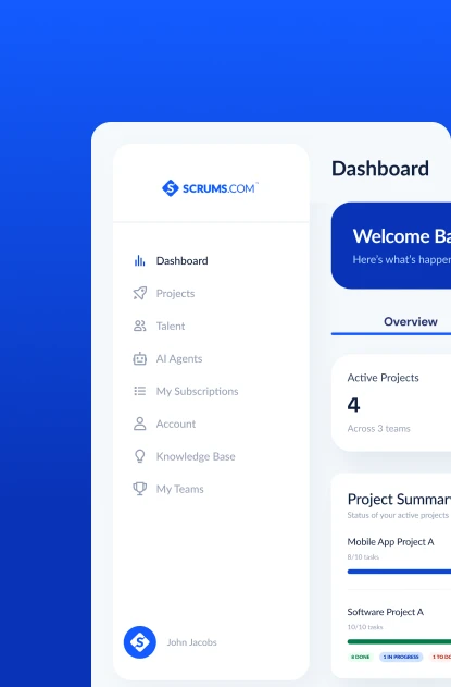 Snippet of Scrums.com dashboard showing navigation sidebar