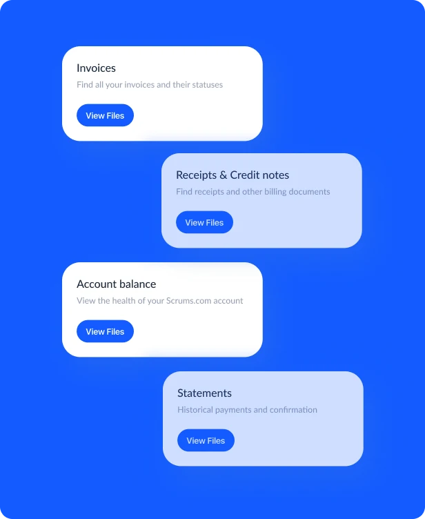 UI Cards showing options in the Billing tab of the Scrums.com Platform
