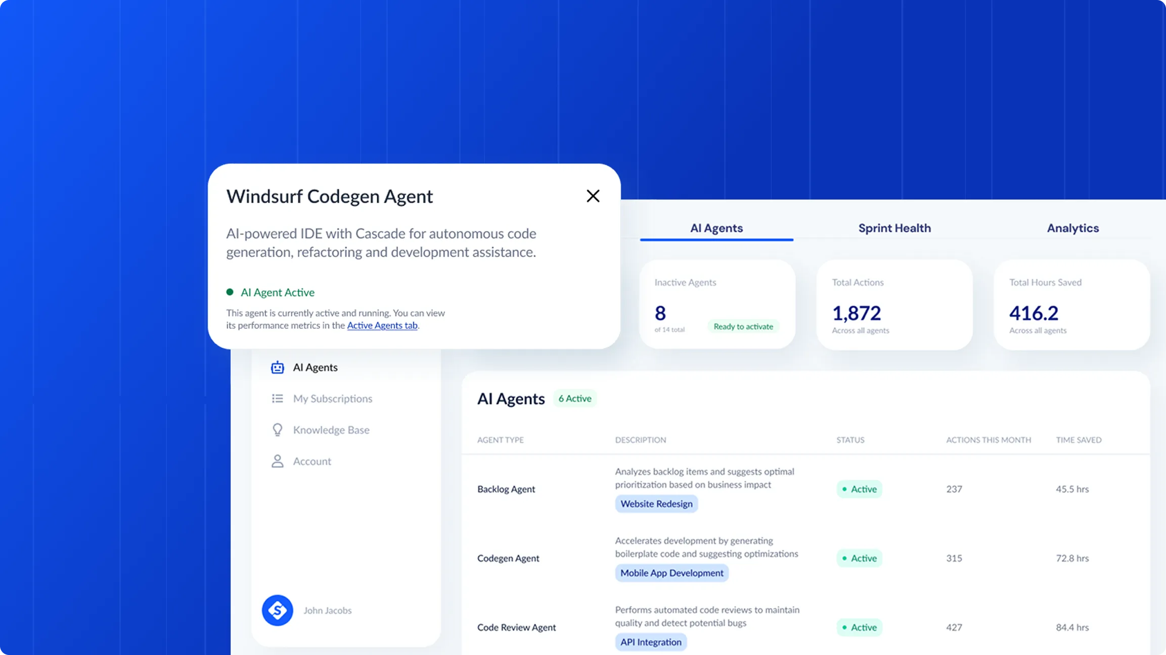 AI Agents Dashboard with pop-up modal showing an active Windsurf agent