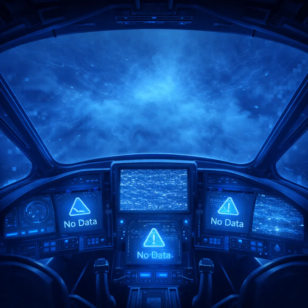 Digital cockpit with No Data screens, flying blind