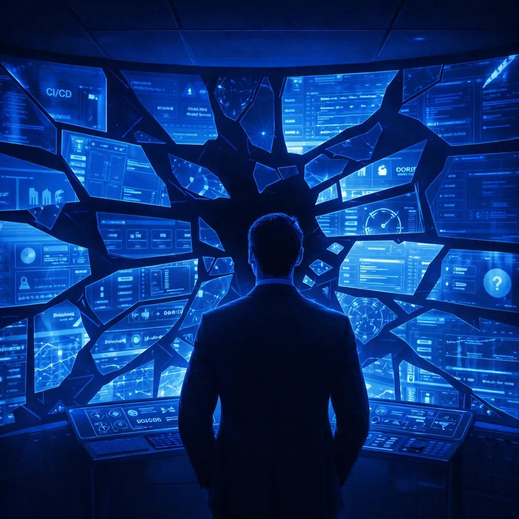 Architect viewing shattered screen of siloed data