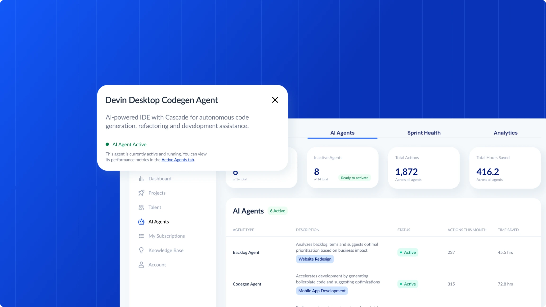 AI Agents Dashboard with pop-up modal showing an active Devin Desktop agent