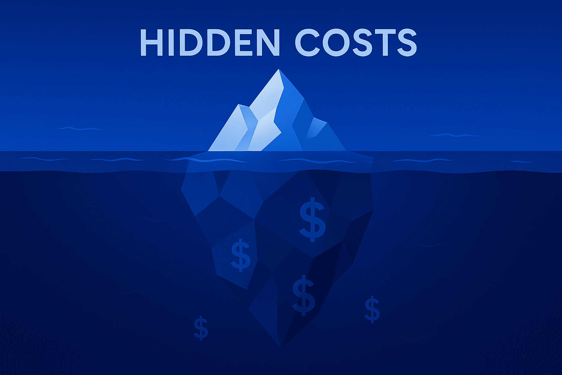 Visual metaphor of an iceberg with hidden money symbols underwater, illustrating the unseen and unmanaged costs associated with chaotic AI development and fragmented tooling.