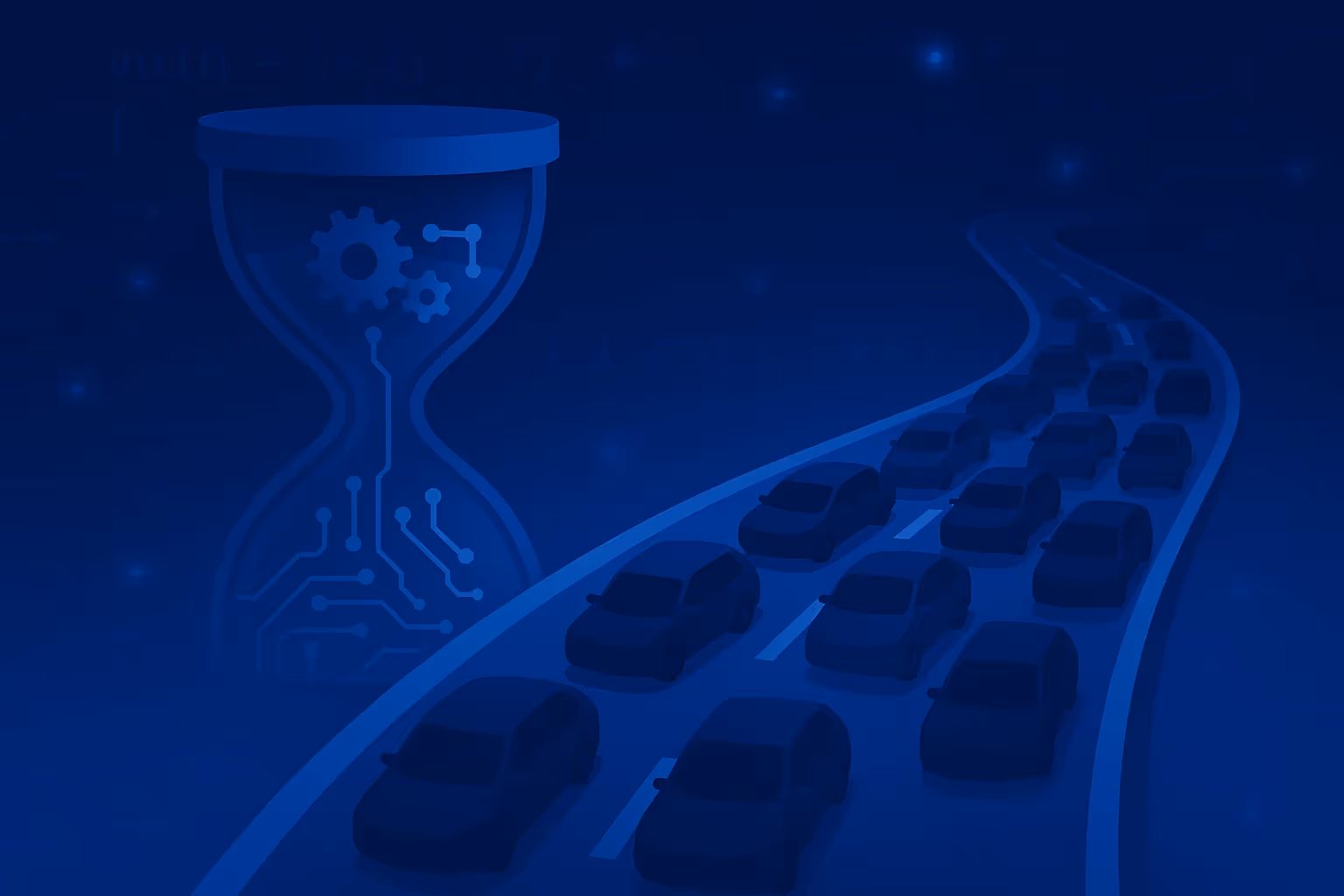 A dark blue illustration of cars stuck in a traffic jam on a winding road, with a large hourglass featuring circuit board patterns and gears in the background. This symbolizes slow tech staffing and the bottleneck it creates.