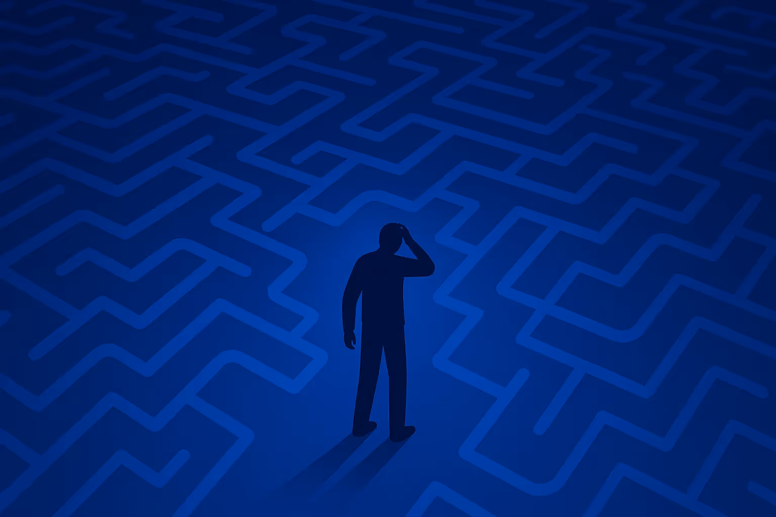 A dark blue illustration of a person's silhouette standing confused in the middle of a complex, glowing blue maze, representing the frustrating and difficult traditional tech recruitment process.