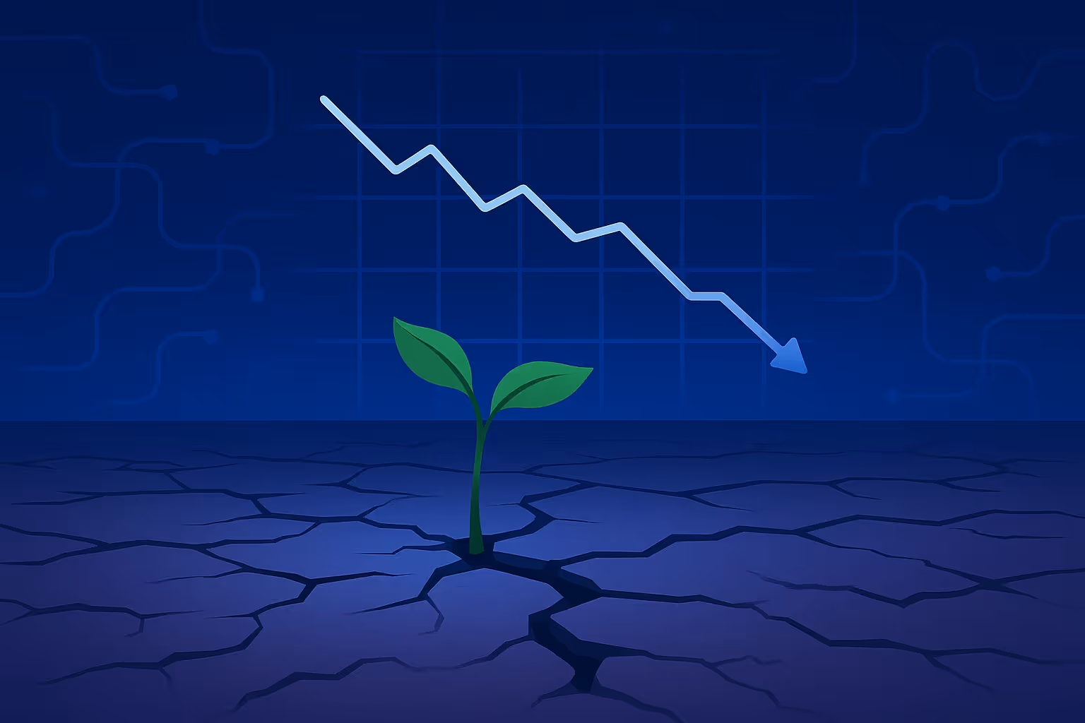 A dark blue illustration depicting a small green plant struggling to grow in cracked, dry earth, with a downward trending line graph and digital patterns in the background, symbolizing how slow staffing stifles innovation and growth.