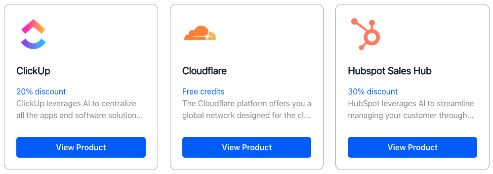 Screenshot showing claimable rewards including 20% off ClickUp, 30% off HubSpot and Free credits onCloudflare.