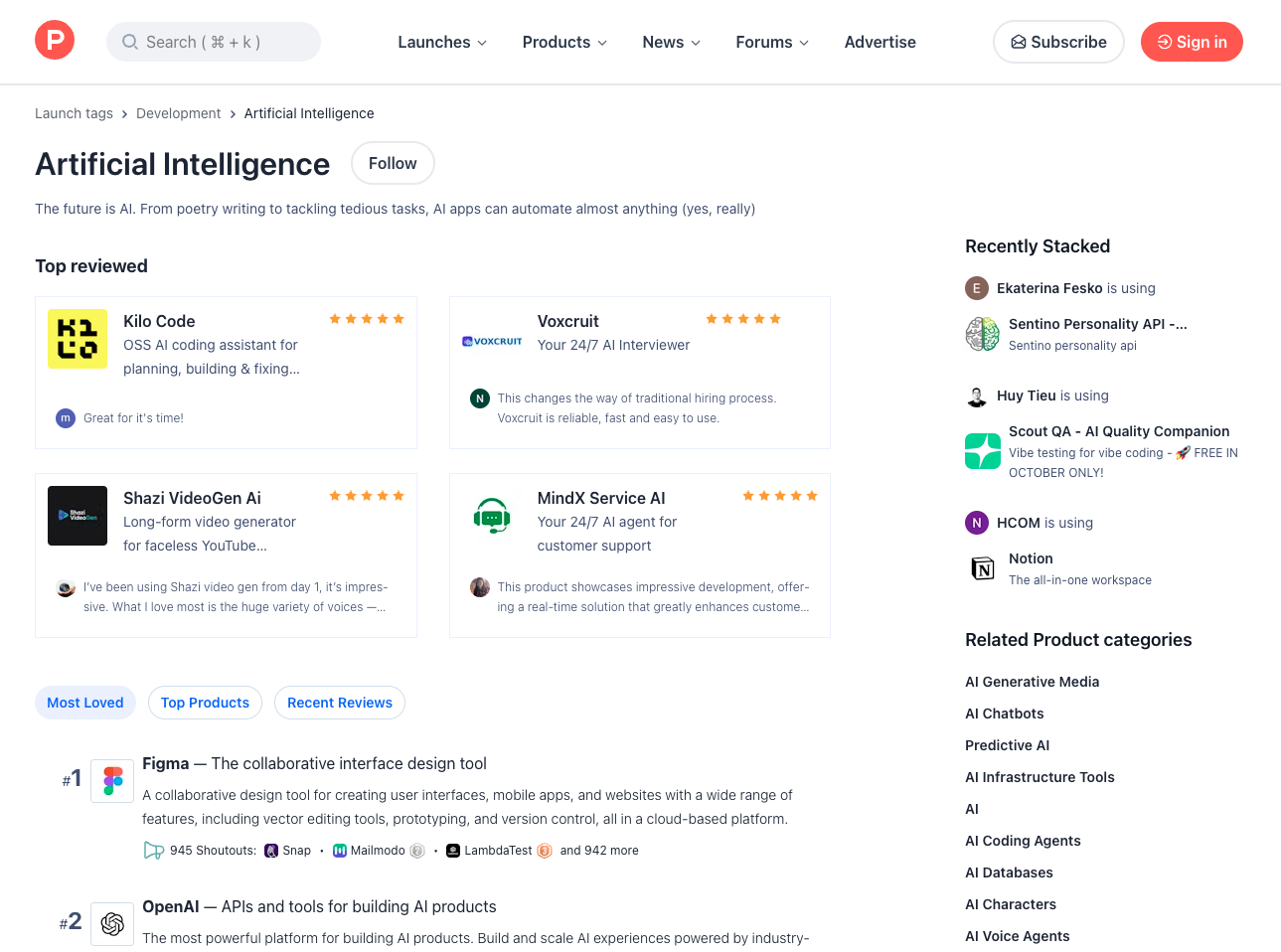 Producthunt - Artificial Intelligence topic