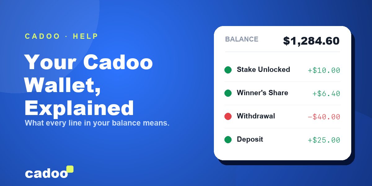 Cadoo wallet transactions explained — a balance statement showing stake, winnings, deposit and withdrawal lines