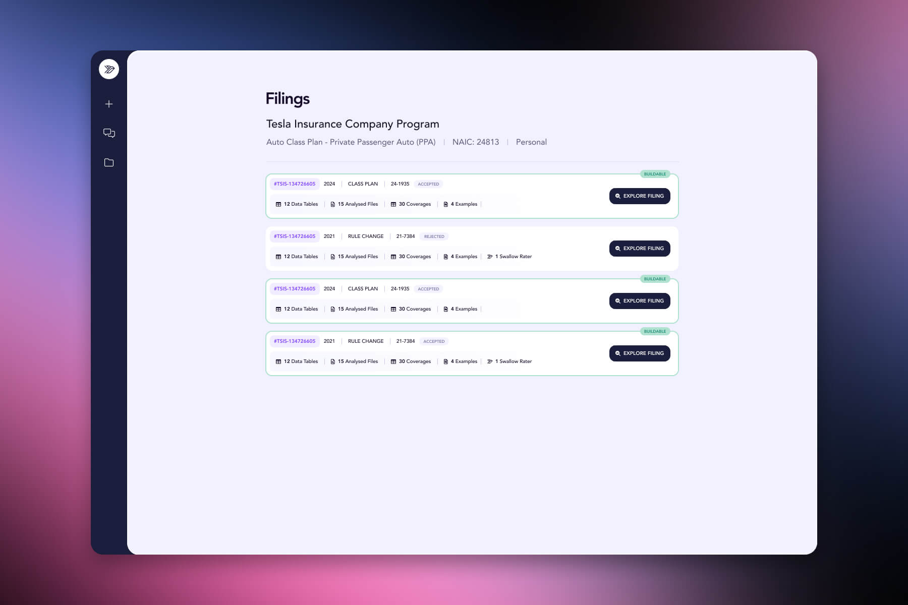 SERFF AI filings view listing multiple insurance filings for a company, with details, status, and options to explore each filing in a structured interface.