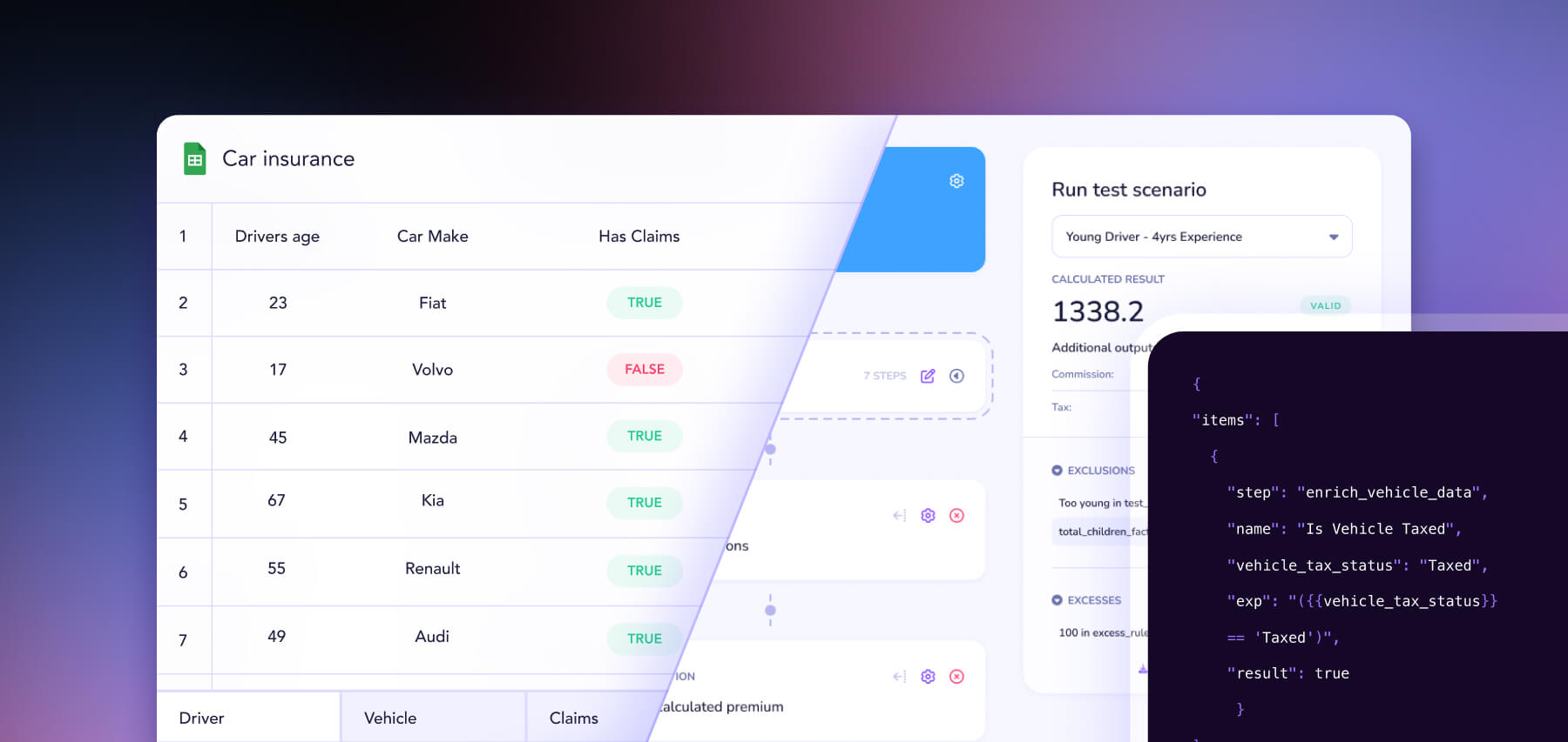 SERFF AI interface showing a car insurance dataset alongside a test scenario and JSON pricing logic output, illustrating how rating models are executed and deployed into production.