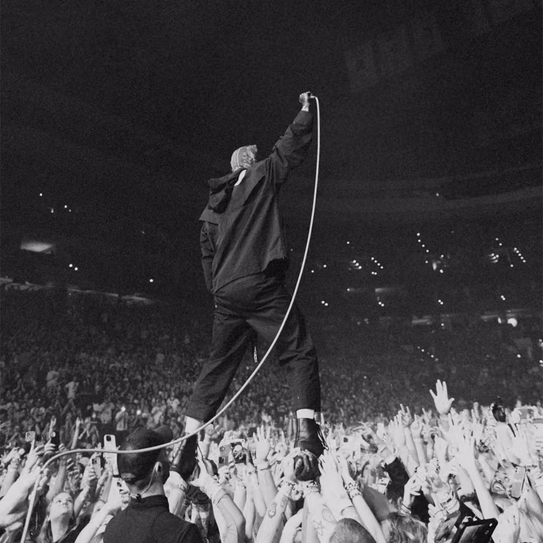 A crowd holding Tyler Joseph above their heads during a Twenty One Pilots concert