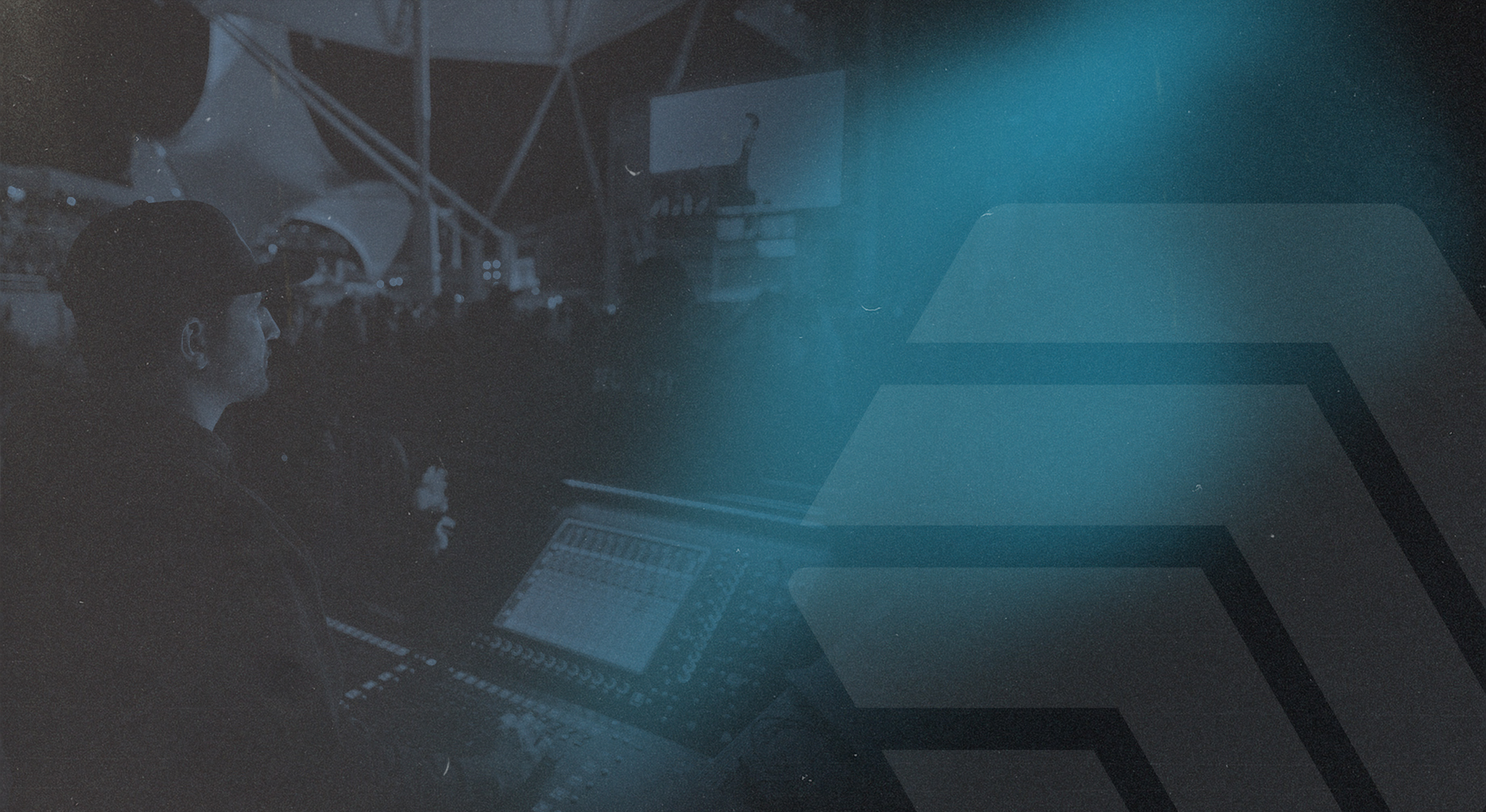 A stylized image of a front of house engineer at a gig with a blue gradient overlay