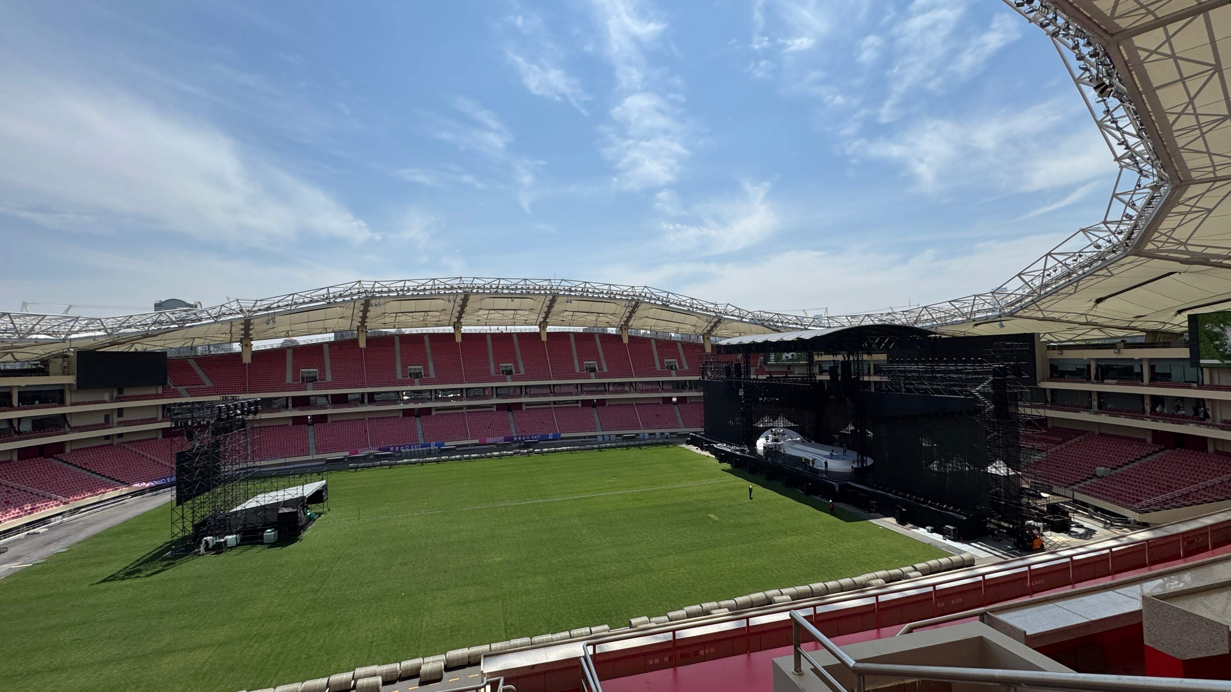 HongKou Football Stadium in Shanghai, capacity 75,000, Cohesion PA being rigged on the grass field