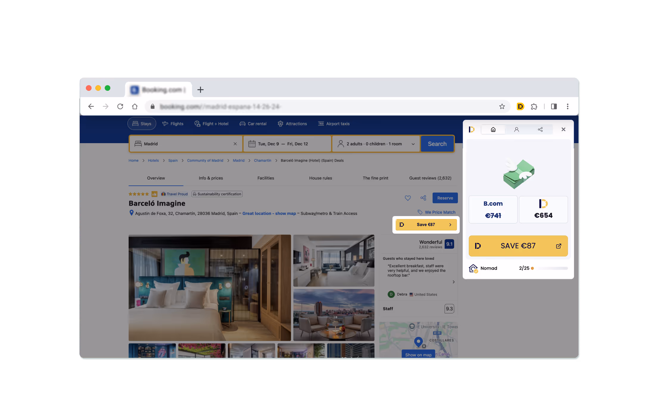Booking.com webpage showing hotel deal for Barceló Imagine in Madrid with option to save €87 by Directo Extension