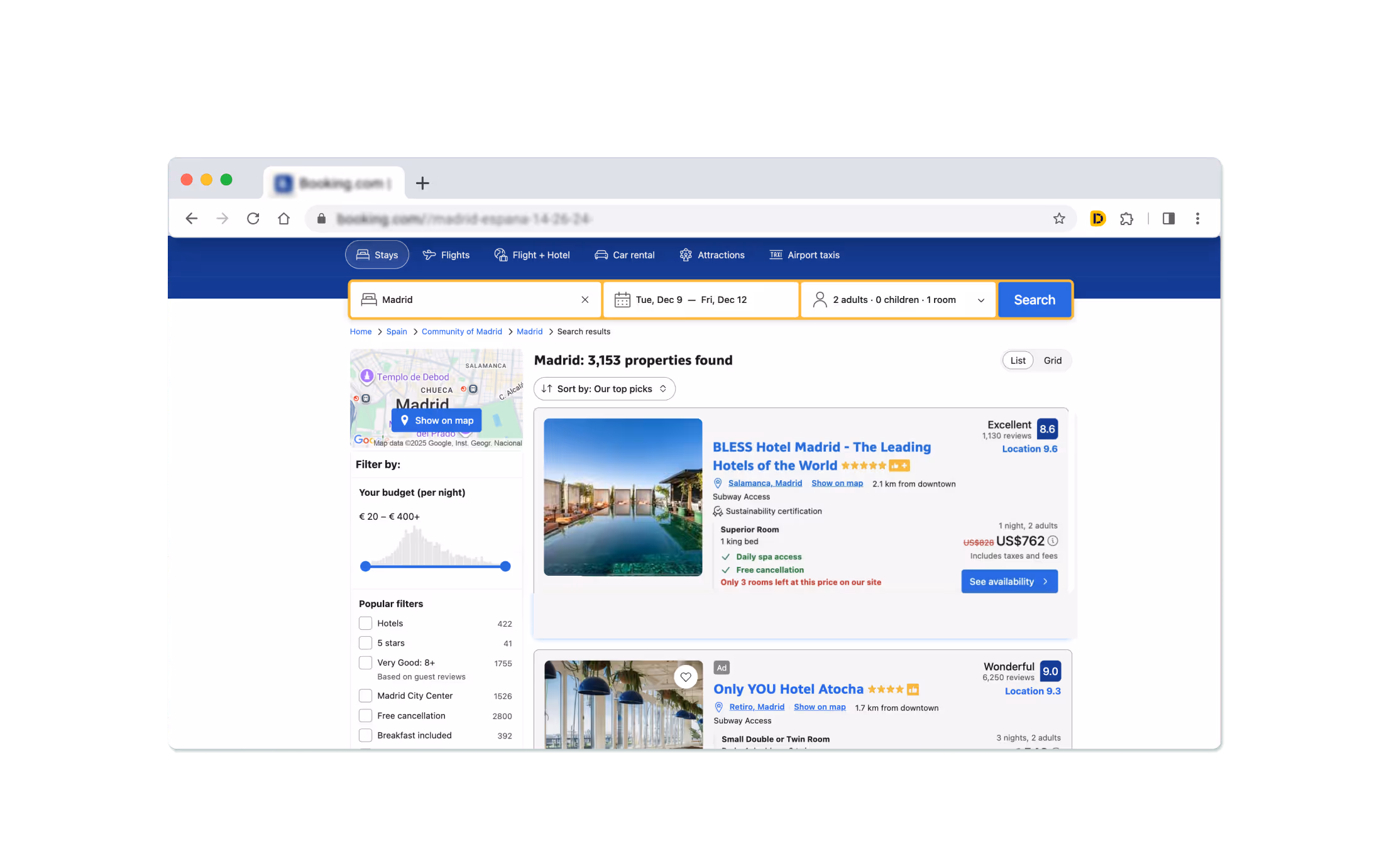 Booking.com search results page showing hotels in Madrid with filters, map, and hotel listings including BLESS Hotel Madrid and Only YOU Hotel Atocha.