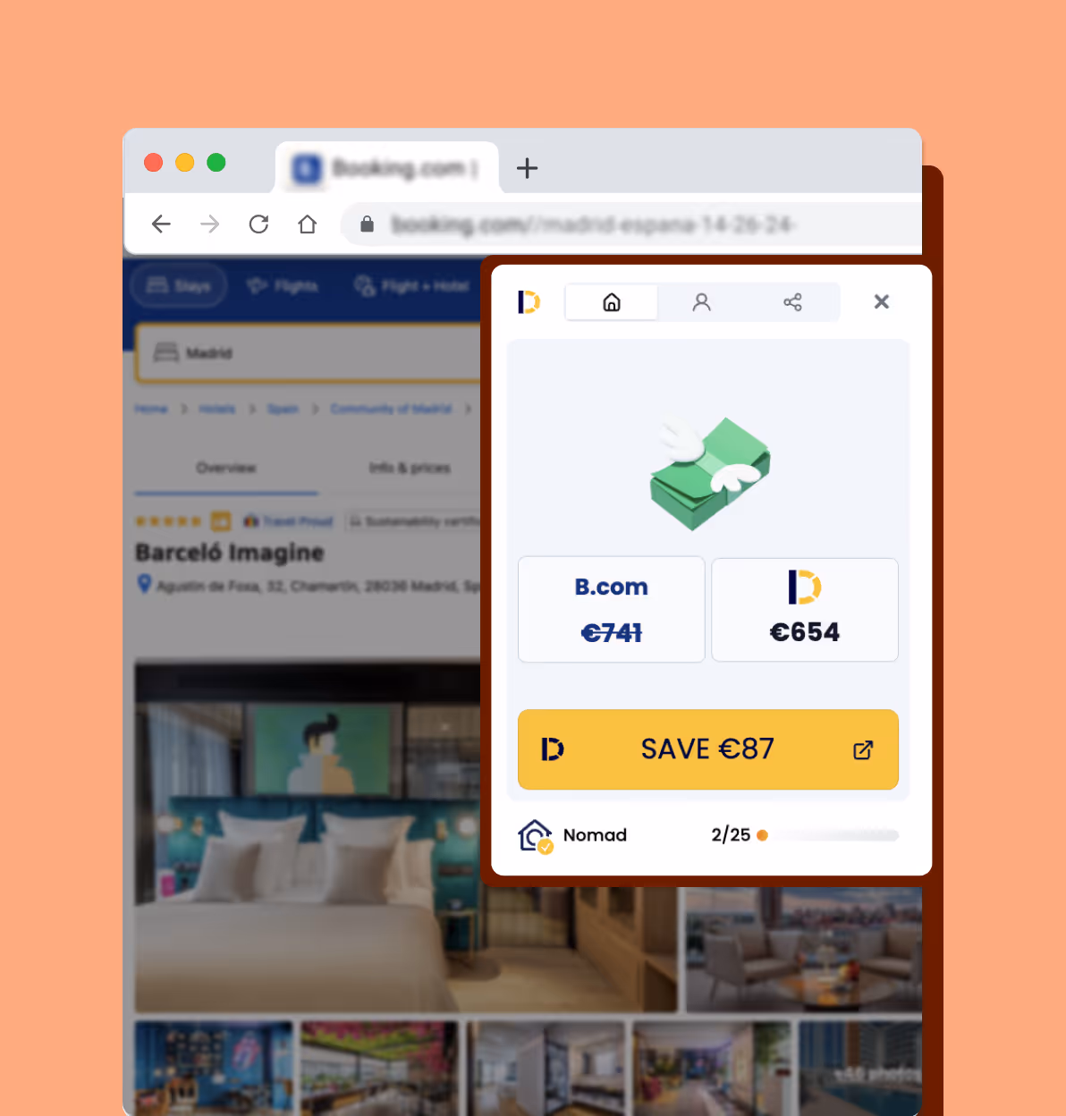 Browser window showing a Booking.com page for Barceló Imagine hotel with a pop-up comparing room prices: €741 on B.com crossed out, €654 on another site, and a button to save €87 by Directo Extension