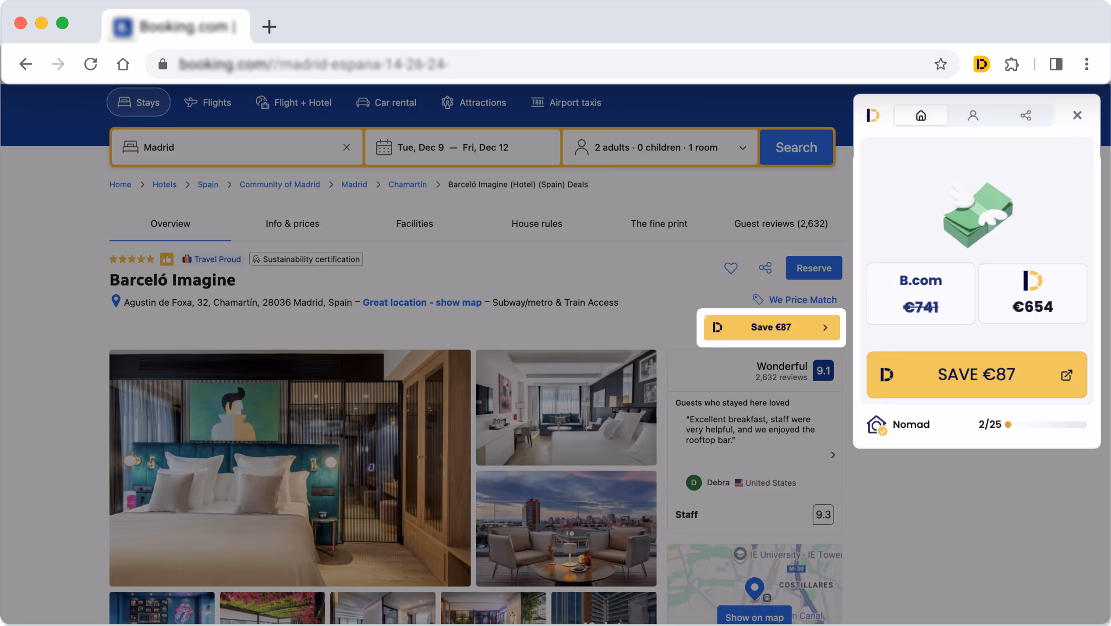 Booking.com webpage showing Barceló Imagine hotel in Madrid with room photos, guest rating 9.1, and a highlighted €87 discount offer.