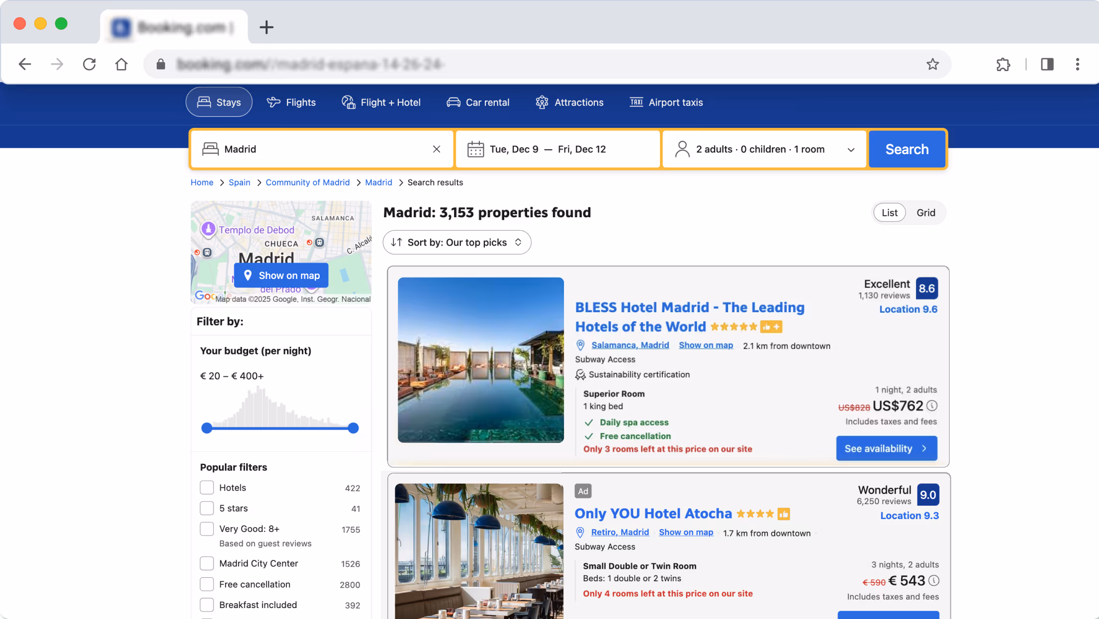 Booking.com search results for Madrid hotels showing two listings with images, ratings, prices, and filters on the left.