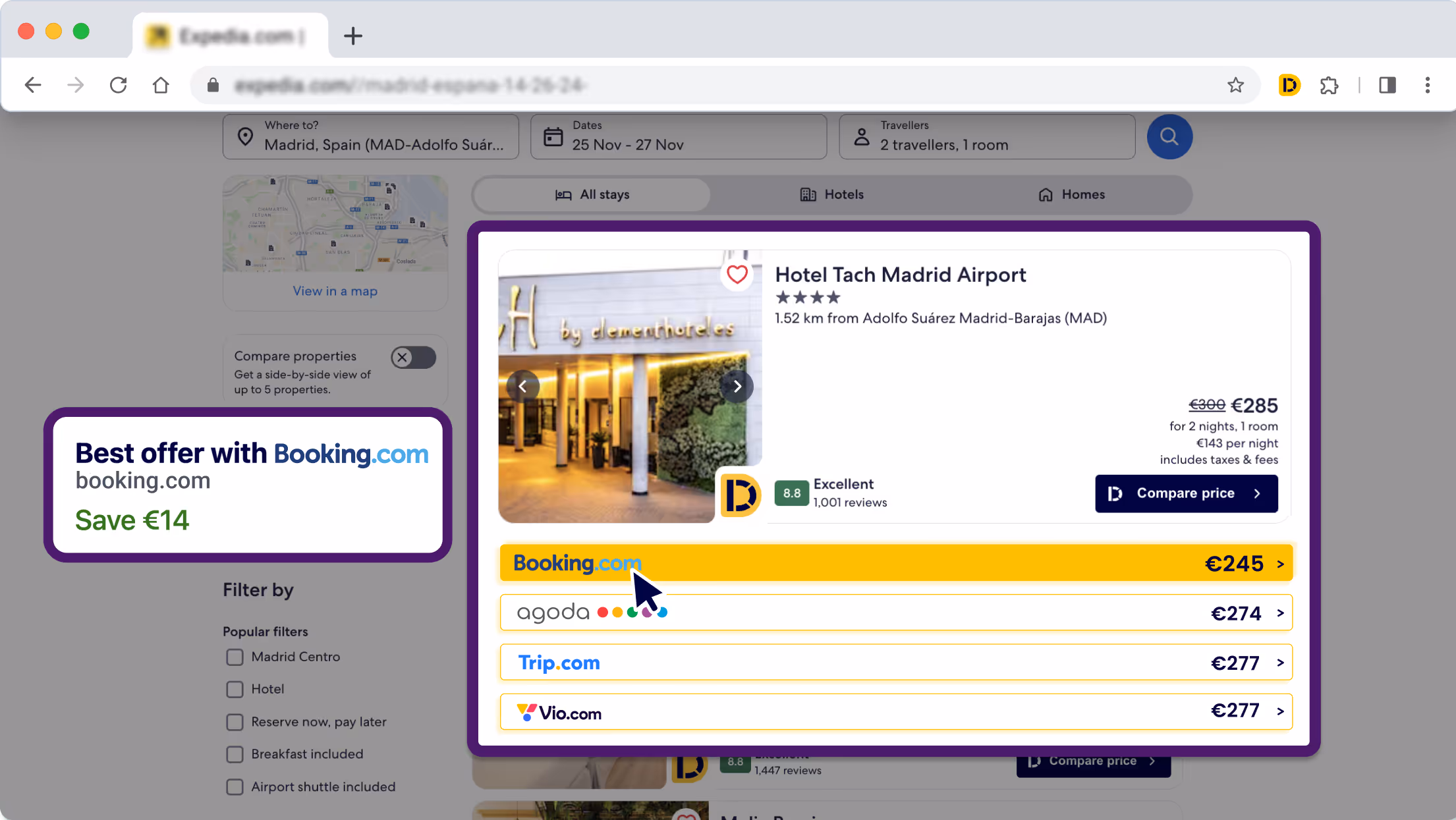 Expedia hotel booking comparison for Hotel Tach Madrid Airport showing prices from Booking.com, Agoda, Trip.com, and Vio.com, with Booking.com offering the best price at €245.