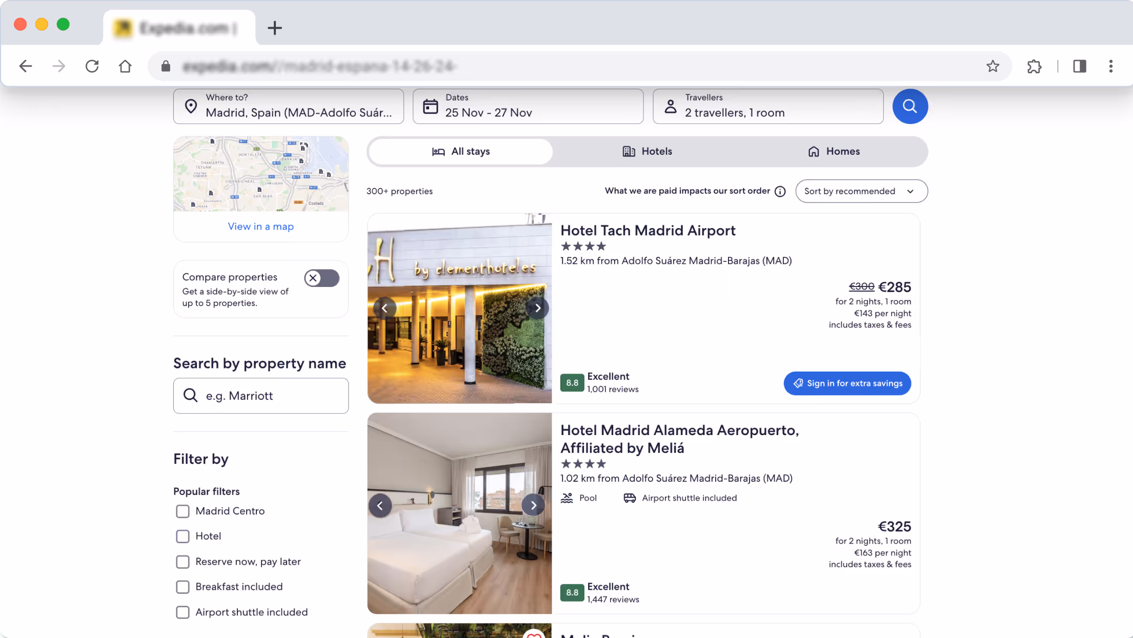 Expedia hotel search results page showing listings for Hotel Tach Madrid Airport and Hotel Madrid Alameda Aeropuerto with photos, ratings, prices, and filters.