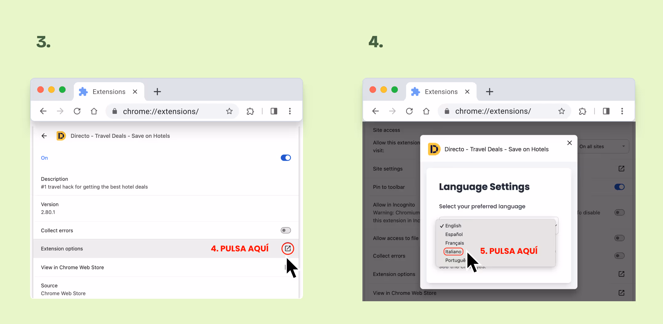 paso a paso de cómo cambiar el idioma de Directo extension - 2