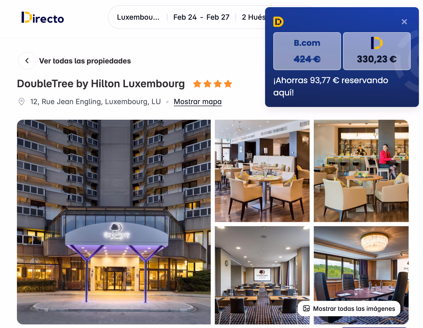 Así es como se ve el sitio web de reservas de Directo - Directo Deal encontrado en Luxemburgo