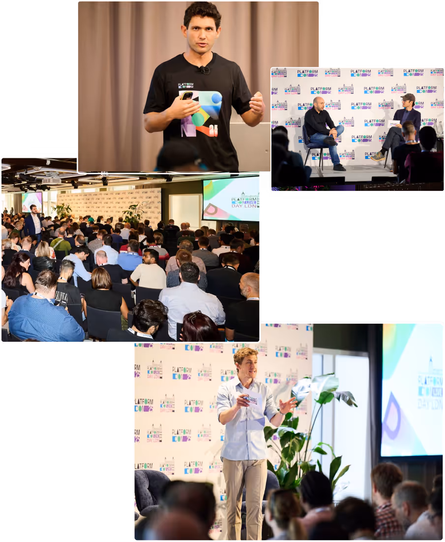 Collage of conference scenes including a man speaking with hand gestures, a panel discussion with two seated individuals, a crowded audience, and a presenter speaking on stage.