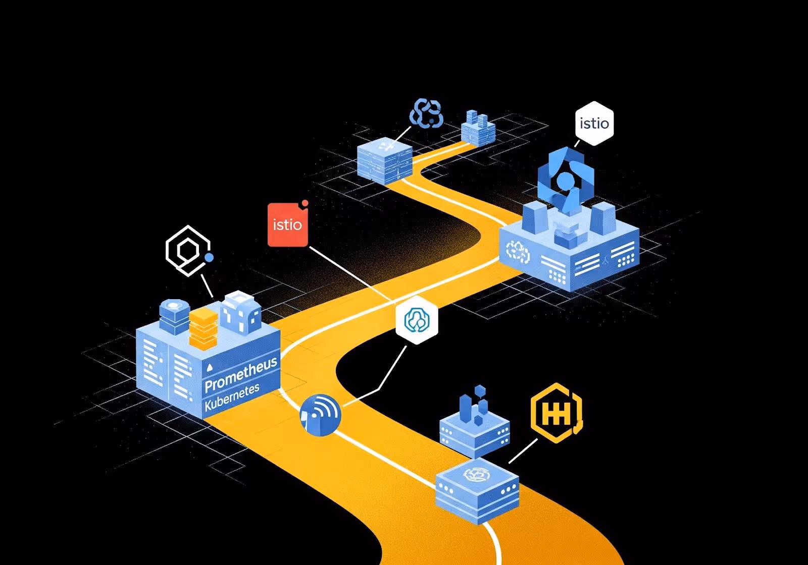 An illustration showing the integration of various open-source tools forming a cohesive golden path for developers on Kubernetes.