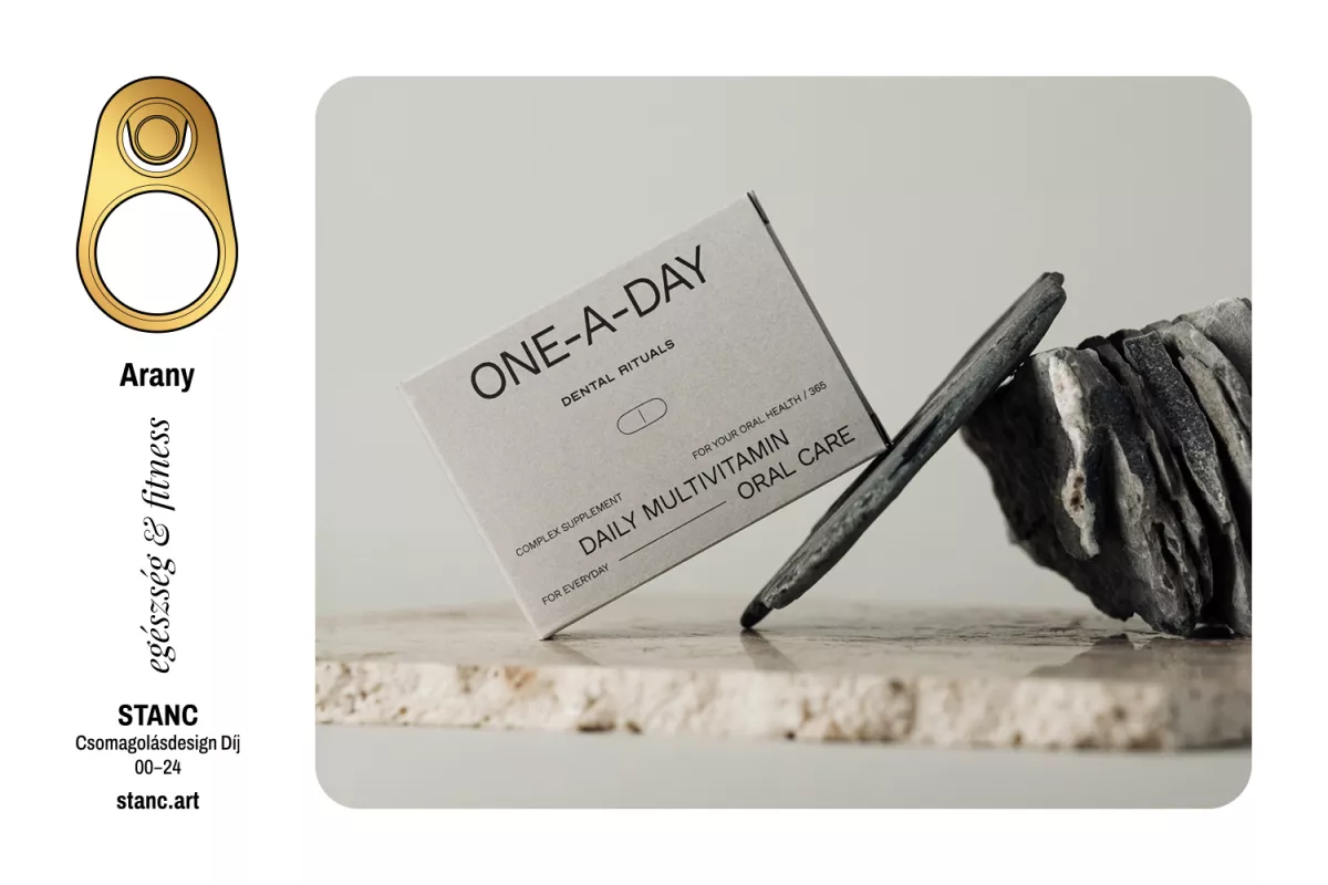 STANC Packaging Design Award gold badge next to the Dental Rituals One-a-Day packaging
