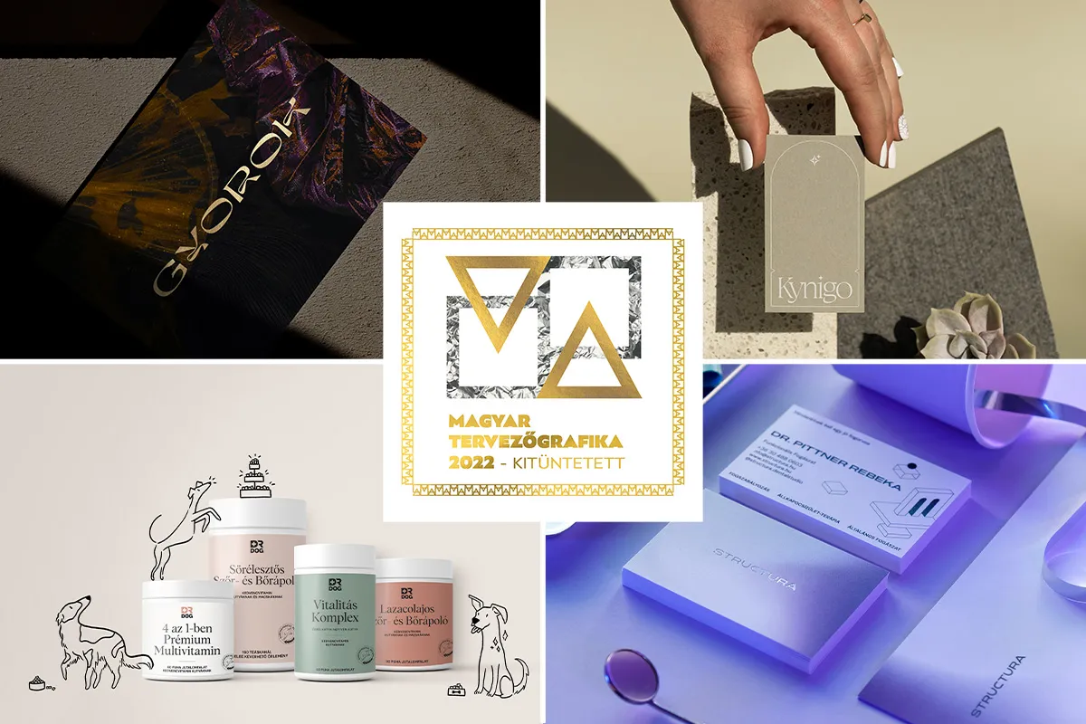 Collage of Dare Studio projects selected for the Hungarian Graphic Design Top100 book: Gyorok, Ápolt Sír, Dr.Dog and Structura
