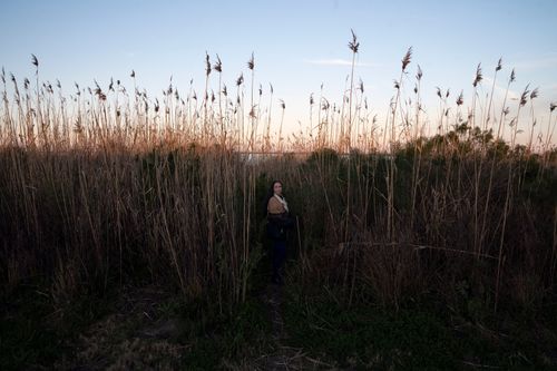 A woman stands in tall grass near the water at dusk.