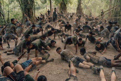 A large group of soldiers practice pushups in a dusty clearing