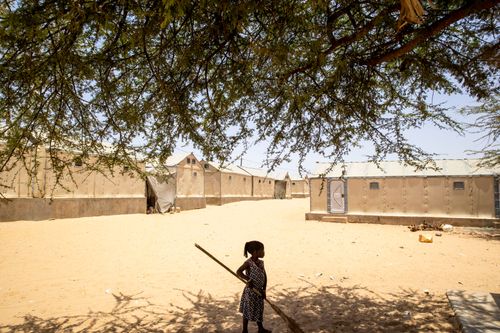 A young child stands under a tree holding a broom.