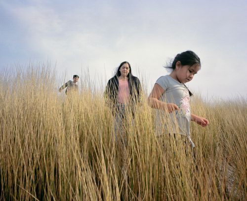 A grandmother walks through a field of tall, dry grass with her two grandchildren.