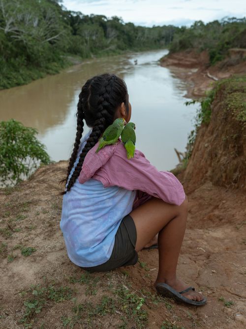 A girl with braided hair sits by a riverbank. Two green parrots perch on her shoulder. The background features lush greenery and the river.