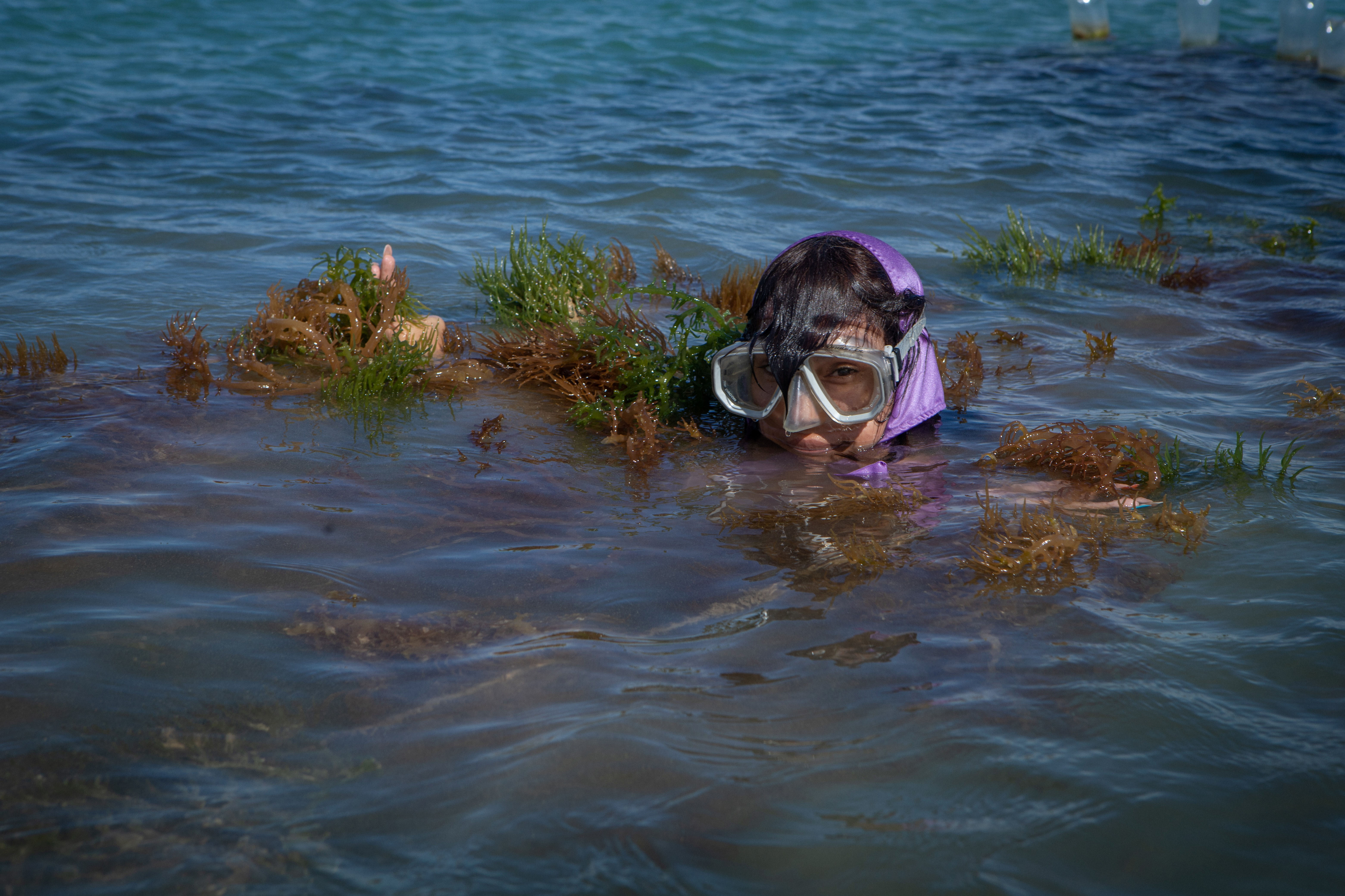 Wearing snorkeling goggles and a hoodie, a child floats next to algae.