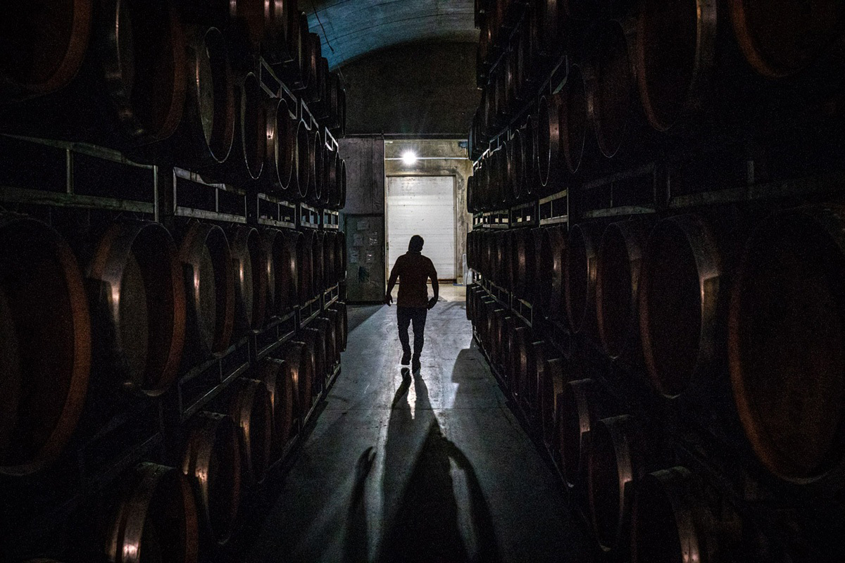 A person walks through a darkened winery.
