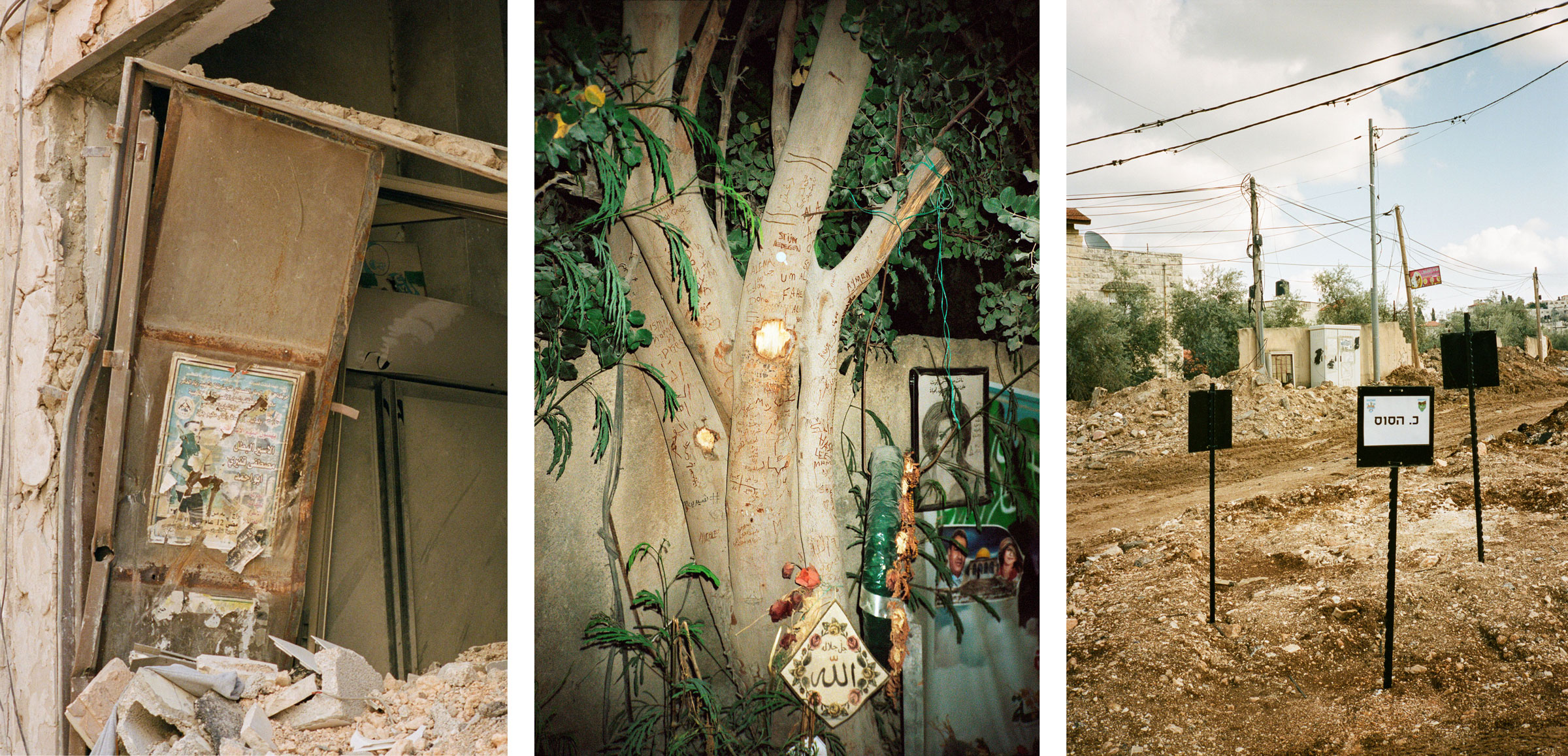 Three vertical images are laid out next to each other. In the first image on the left, the remains of a poster are seen hanging among rubble. In the middle, a tree trunk covered with handwritten notes and memorial markings stands against a wall. On the right, a dirt road is lined with debris, rubble, and utility poles; three signposts are also visible.