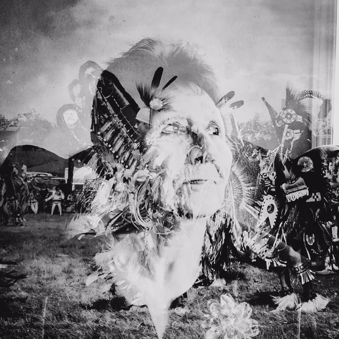 A double-exposure image of an older woman superimposed over Indigenous people