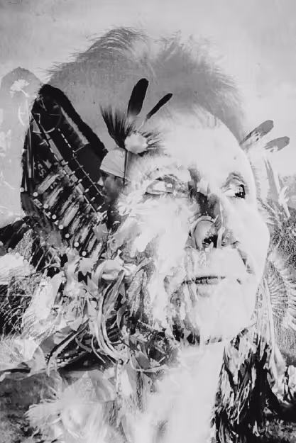 a double exposure of an old woman and Indigenous clothing