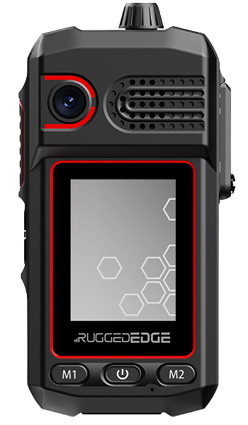 RuggedEdge's EdgeOne communication device with a screen, buttons labeled M1, power, and M2, and a camera lens on the top left.