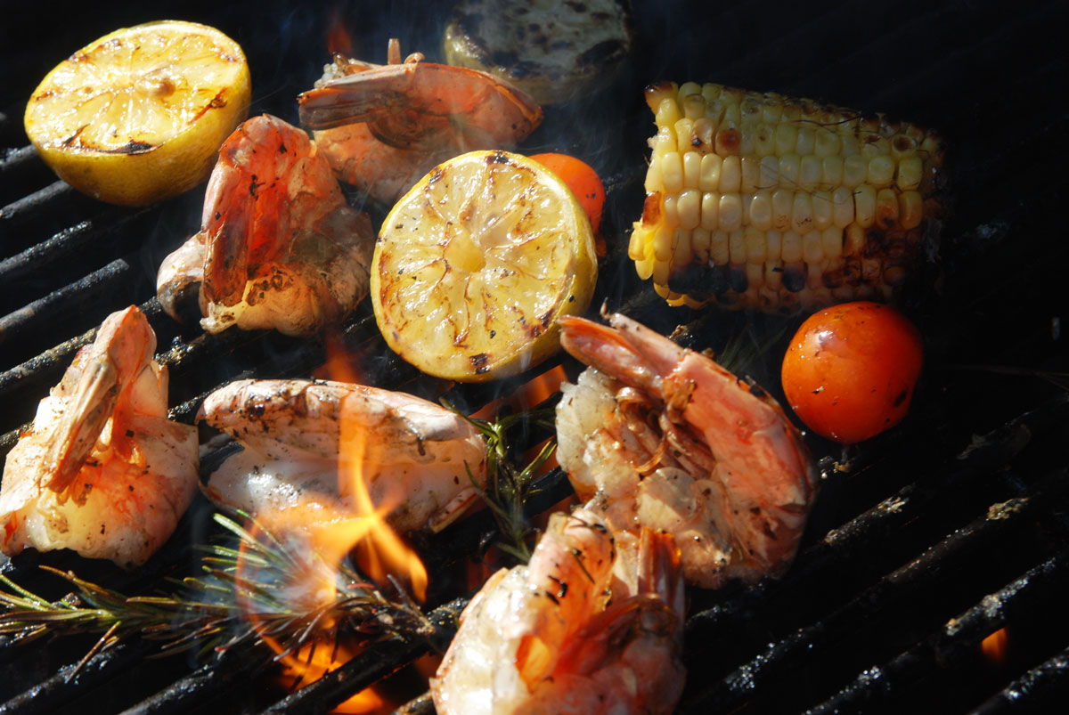 BBQ Bay Grilling Argentine Red Shrimp grilling on an open flame