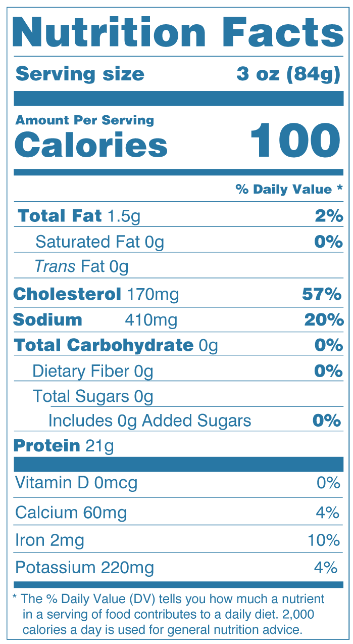 Nutrition Facts for Chef's Net Select black tiger shrimp: serving size 3 oz (84g), 100 calories