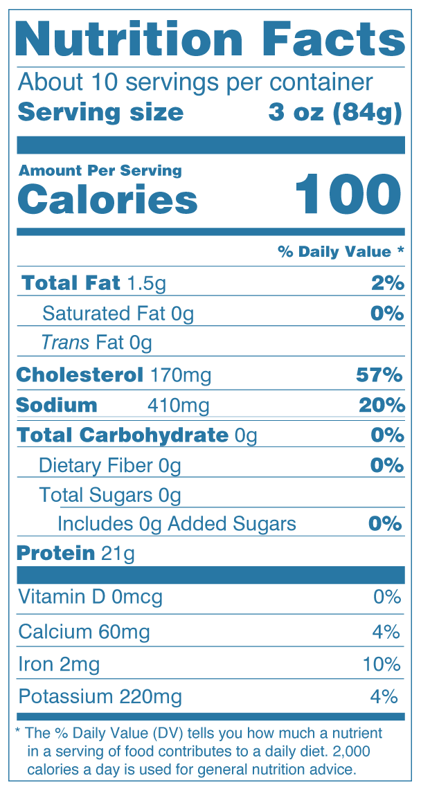 Nutrition Facts, Chef's Net Cooked White Shrimp: serving size 3 oz (84g), 100 calories