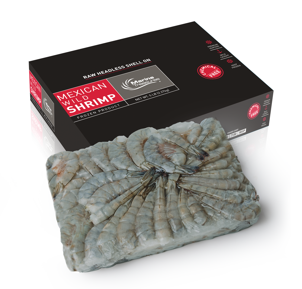 Marine Treasures Mexican Wild Shrimp box and 5 lb HLSO frozen block