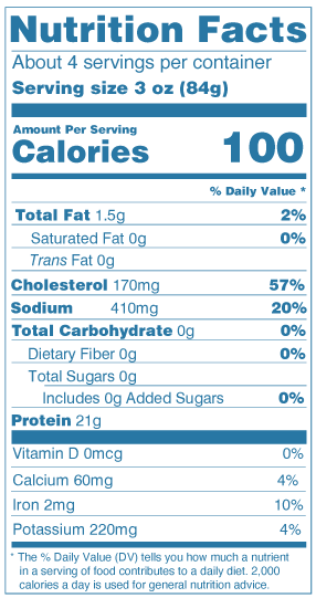 Nutrition Facts, Marine Treasures Wild Mexican Shrimp: serving size 3 oz (84g), 100 calories