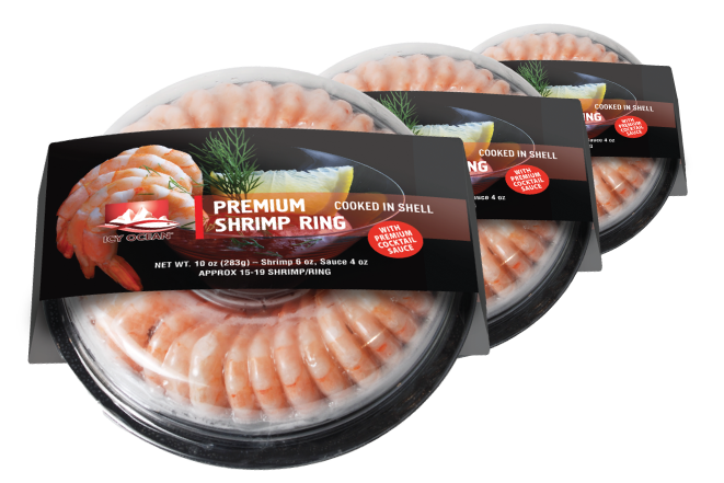 Icy Ocean Premium Shrimp Ring trays, cooked in shell white shrimp with cocktail sauce